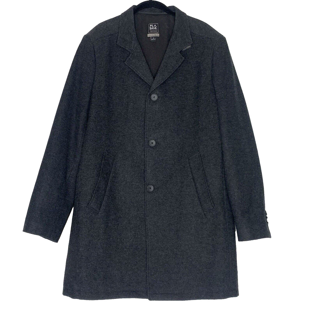 JOS A BANK Traveler Topcoat Men Medium Dark Grey Wool Blend Over Coat Lined EUC